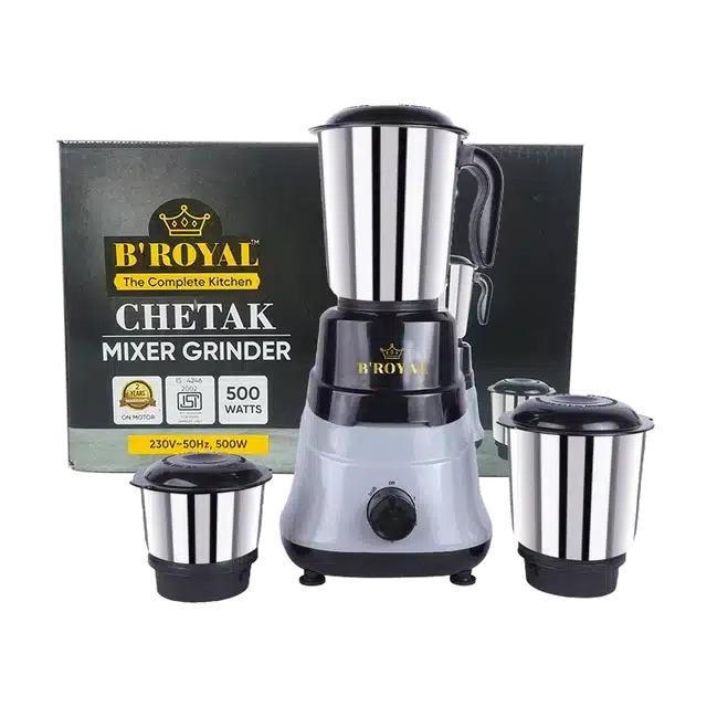 B'Royal Chetak Mixer Grinder With 3 Jars - 500 W - Mg-Chet-500 - Grey & Black