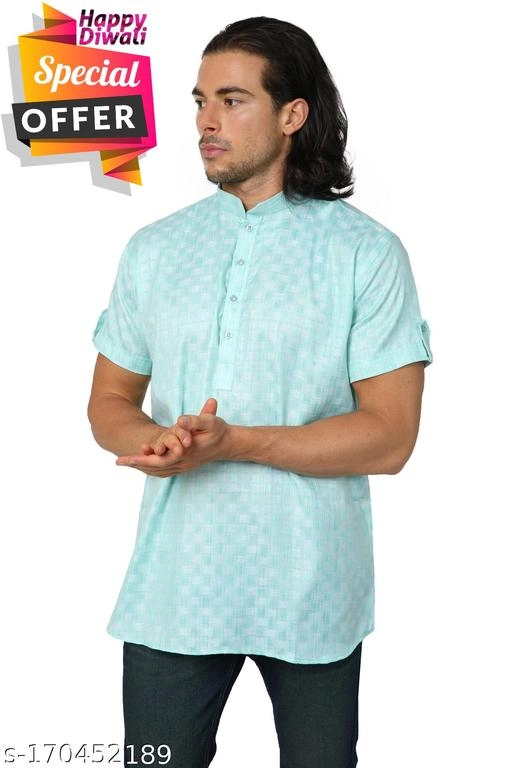 Dupion Silk Printed Short Kurta for Men (Sky Blue, S)