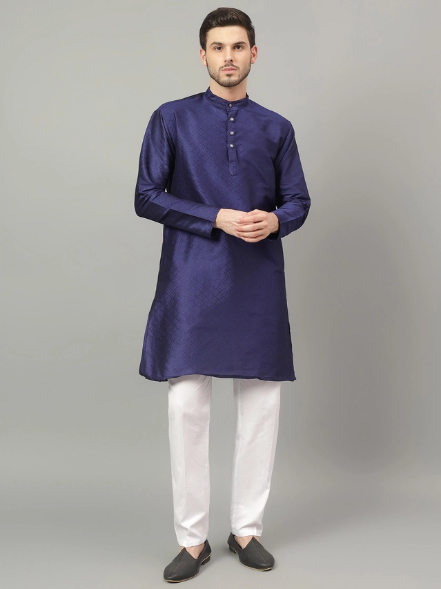 Jacquard Solid Kurta with Pant for Men (Navy Blue, S)