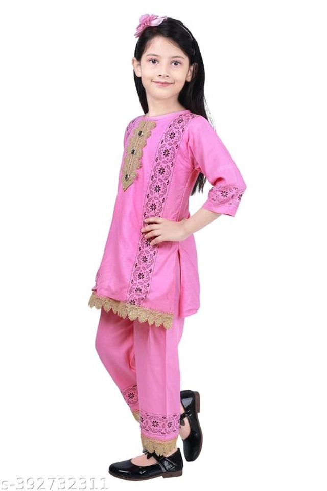 Rayon Printed Kurta with Pant for Girls (Pink, 4-5 Years)