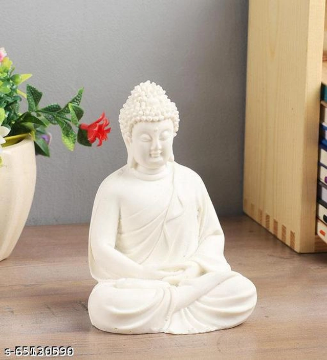 Handcrafted Polymarble Meditation Buddha Idol (White)