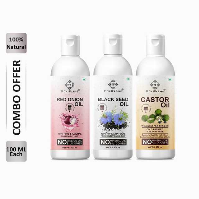 PuriFlame Pure Red Onion Oil (100 ml) & Blackseed Oil (100 ml) & Castor Oil (100 ml) Combo For Rapid Hair Growth (Pack Of 3) (B-6790)