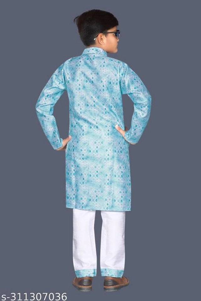 Art Silk Kurta Sets for Boys (3-4 Years, Sky Blue & White)