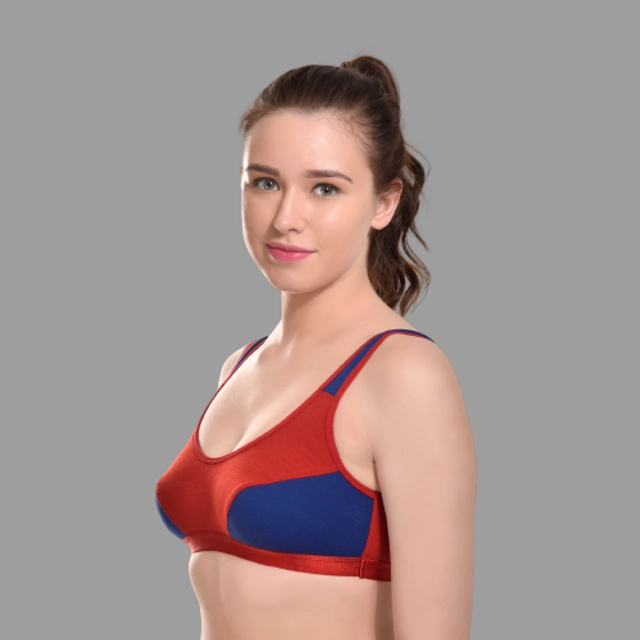 Cotton Colorblocked Non-Padded Sports Bra for Women (Red, 28)