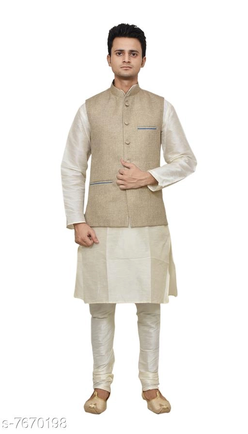 Dupion Silk Solid Kurta with Pyjama & Jacket for Men (Cream, S)