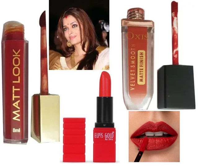 Combo of Matt Look Liquid Sindoor & Elpis Gold Matte Lipstick with Oxis Velvet Smooth Matte Finish Liquid Lip Color (Multicolor, Set of 3)