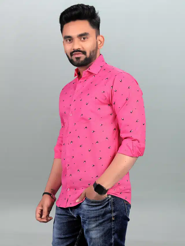 Men's Printed Full Sleeves Shirt (Pink, XL)