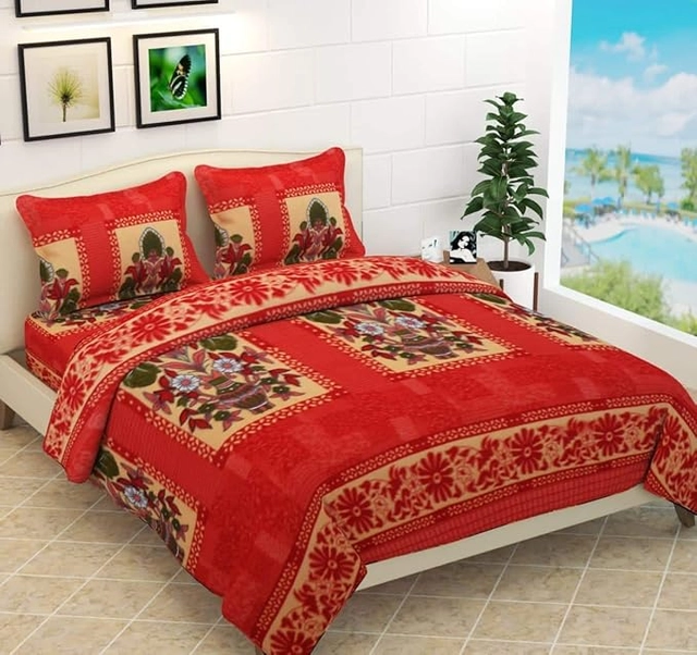 Fleece Floral Flat Bedsheets with Two Pillow Covers (Red, 108x108 Inches)