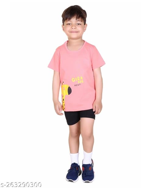 Cotton Printed Clothing Set for Boys (Pink & Black, 6-9 Months)