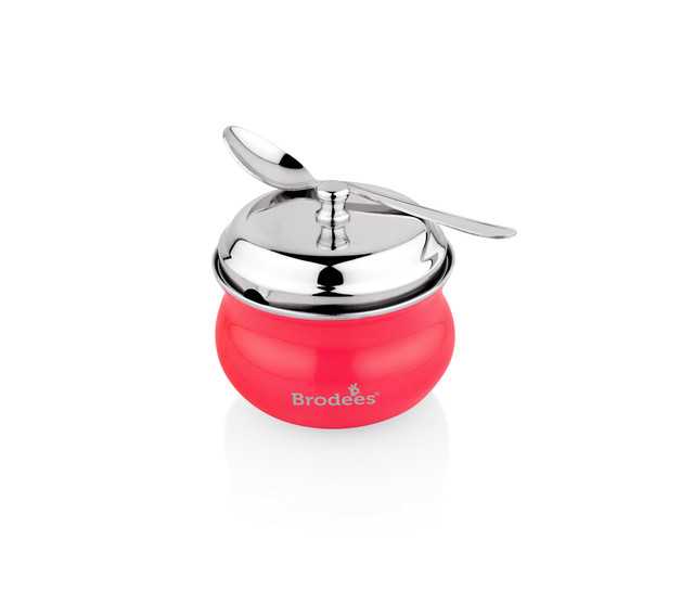 BRODEES Stainless Steel Ghee Pot W/Spoon Steel Utility Container (375 ml) (Red) (A-38)
