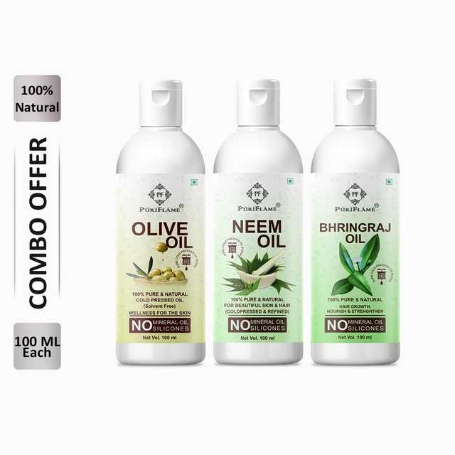 PuriFlame Pure Olive Oil (100 ml) & Neem Oil (100 ml) & Bhringraj Oil (100 ml) Combo For Rapid Hair Growth (Pack Of 3) (B-6249)