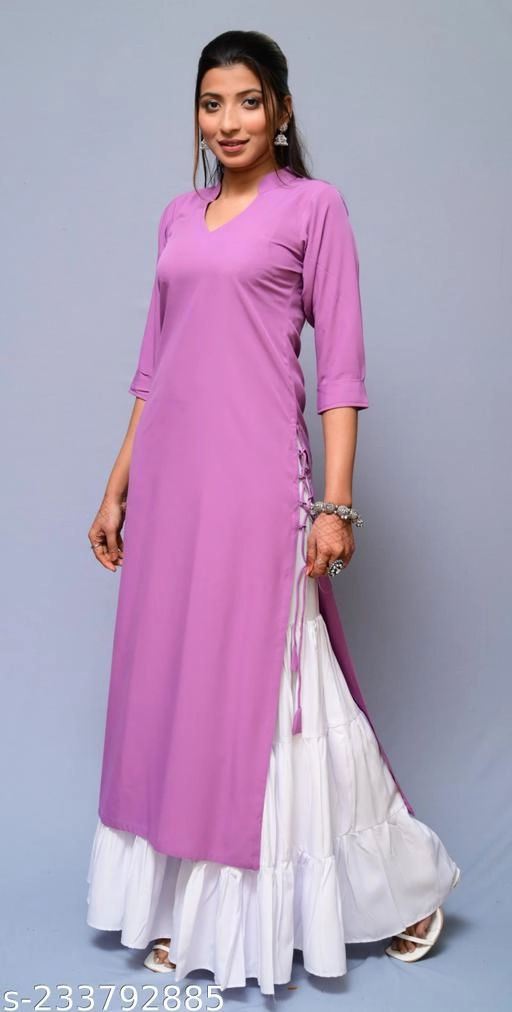 Polyester Solid Kurti with Palazzo for Women (Lavender & White, XS)