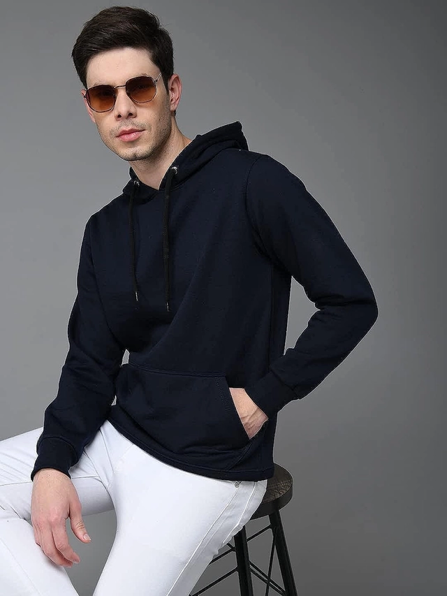 Cotton Blend Solid Hoodie for Men (Blue, M)