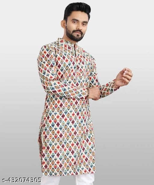 Cotton Printed Kurta with Pyjama for Men (S, Multicolor)