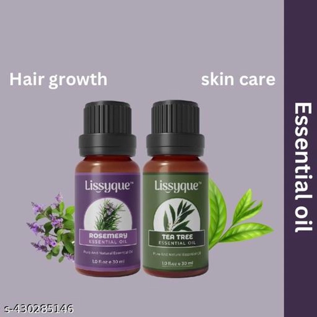  Lissyque Rosemary Essential Oil & Tea Tree Essential Oil, 100% Pure for Increasing Healthy shiny Hair Re-growth & Reduce Dandruff, Hair Fall, Pimple Care, Acne, Scars, Age Line, Bath Oil, Aromatherapy, 60ml Essential Oil Combo Pack