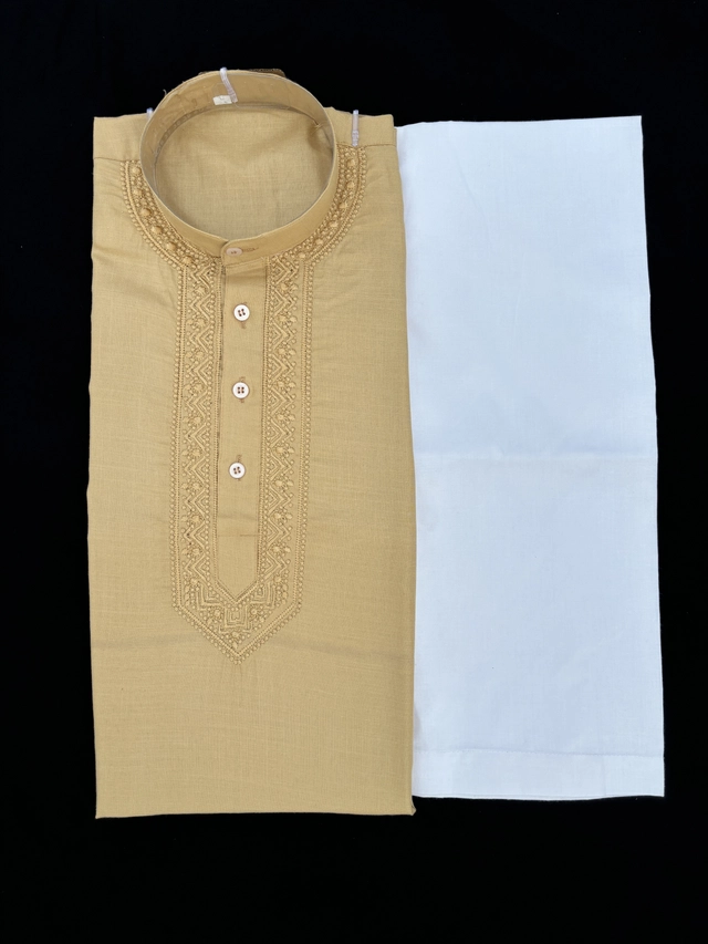 Cotton Full Sleeves Embroidered Kurta Set for Men (Beige & White, M)