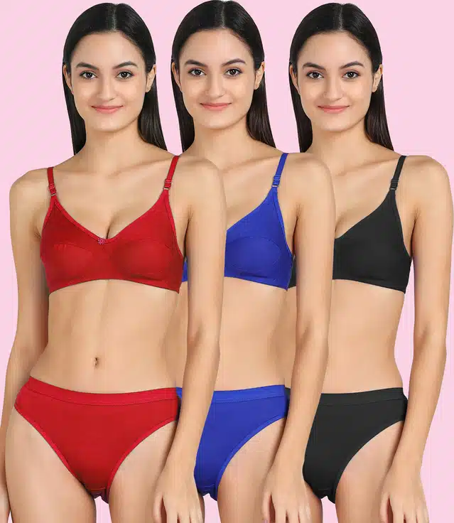 Women's Bra and Panty Set (Multicolour, 30) (Set of 3) (F-343)