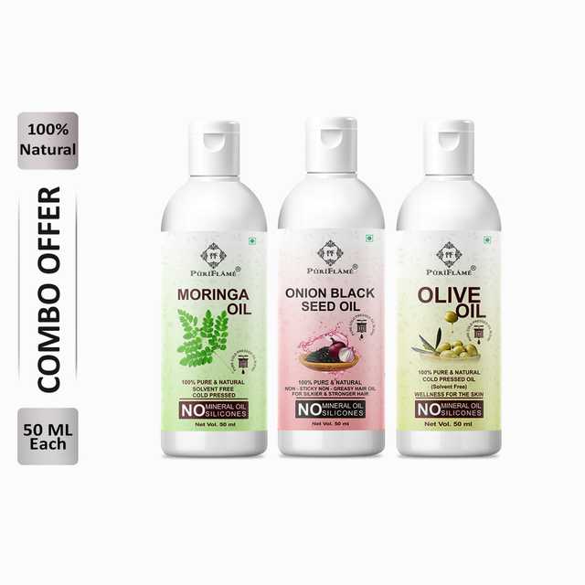 Puriflame Pure Moringa Oil (50 ml), Onion Black Seed Oil (50 ml) & Olive Oil (50 ml) Combo for Rapid Hair Growth (Pack of 3) (B-11887)