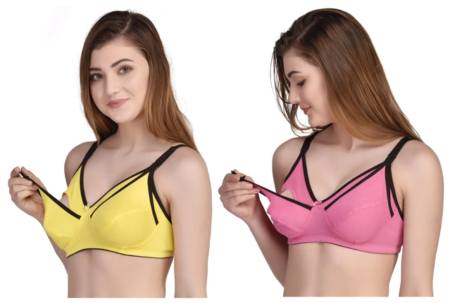 Cotton Blen Solid Non Padded Feeding Bras for Women (Multicolor, 32) (Pack of 2)