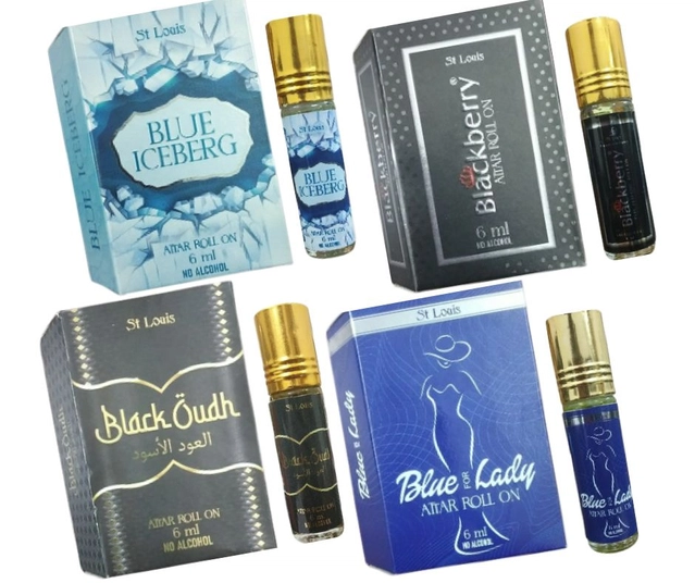 Black Oudh with Blackberry, Blue Ice Berg & Blue for Lady Attar Roll On (6 ml, Pack of 4)