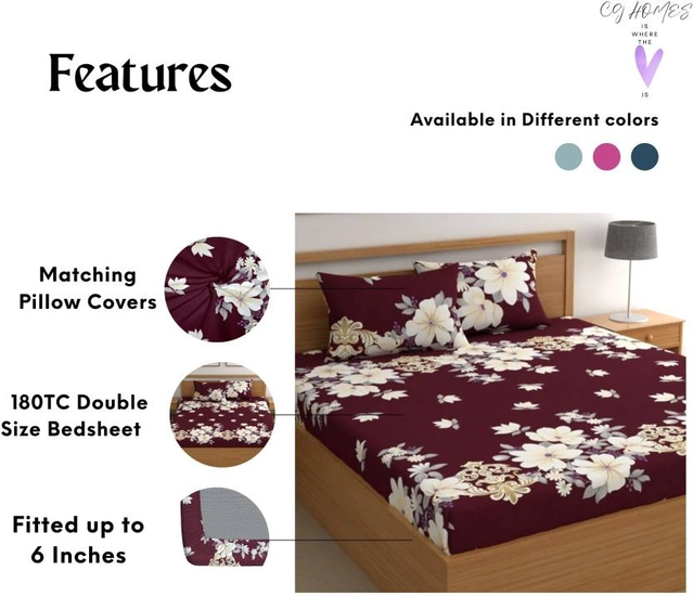 CG Homes 180 TC Fitted Elastic Double Printed Bedsheet With 2 Pillow Cover Cotton (Brown White)