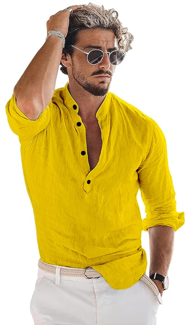 Cotton Solid Kurta for Men (Yellow, S)