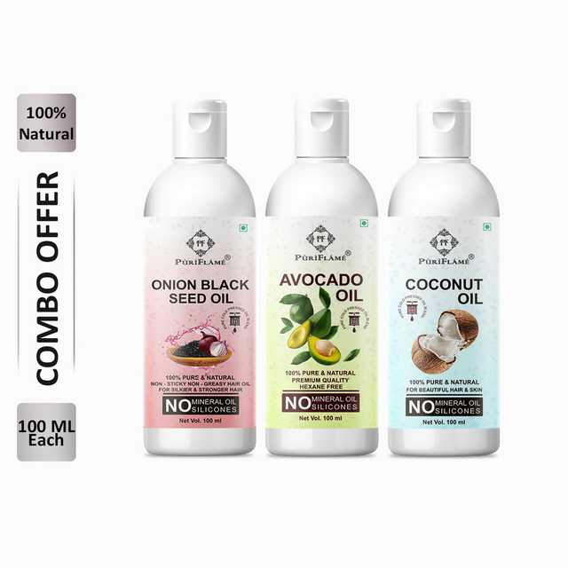 PuriFlame Pure Onionblackseed Oil (100 ml) & Avocado Oil (100 ml) & Coconut Oil (100 ml) Combo For Rapid Hair Growth (Pack Of 3) (B-6413)