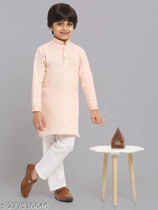 Cotton Blend Kurta with Pyjama for Boys (Peach & White, 9-12 Months)