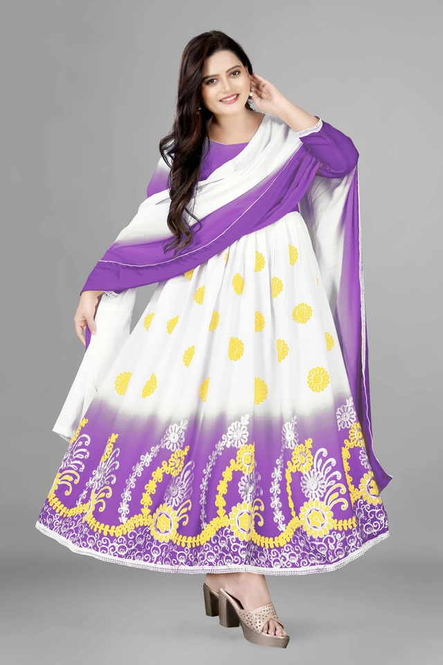 Jute Silk Printed Anarkali Kurti with Dupatta for Women (Lavender & White, S)