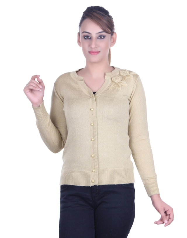 V Neck Solid Cardigans for Women (Off White, M)