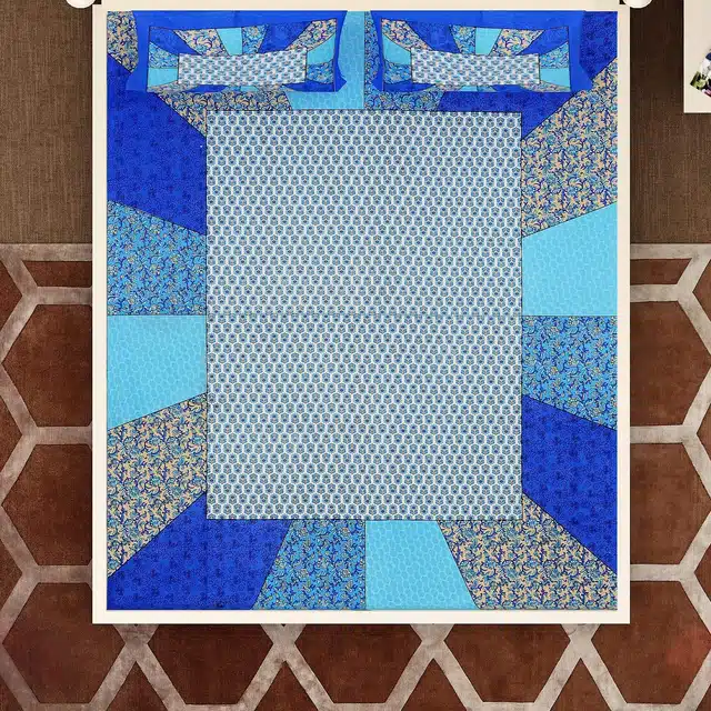 Rajasthani Traditional Cotton Bedsheet With 2 Pillow Covers (Blue, 314 X 94 Inch) (Mc-229)