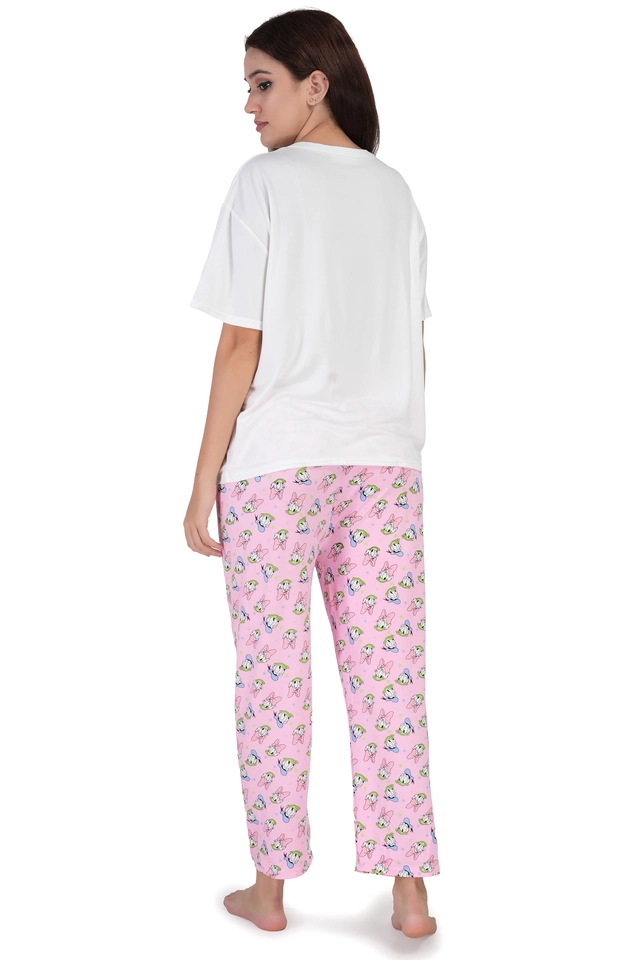 Cotton Printed Nightsuit for Women (White & Pink, Free Size)