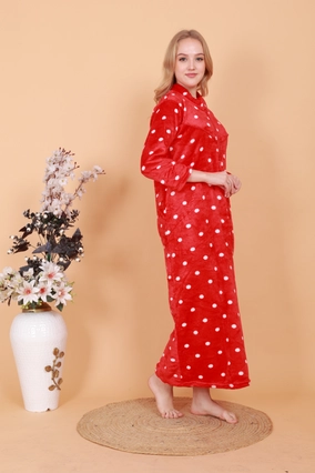 Woolen Polka Dots Nightdress for Women (Red, Free Size)