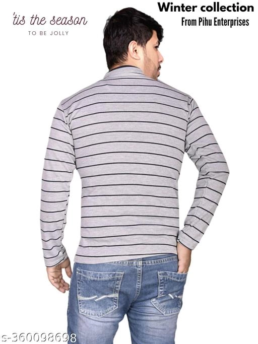 Woolen Striped Sweater for Men (Grey, M)