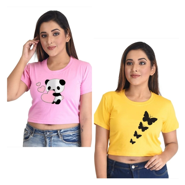 Round Neck Printed Crop T-Shirts for Women & Girls (Pink & Yellow, S) (Pack of 2)