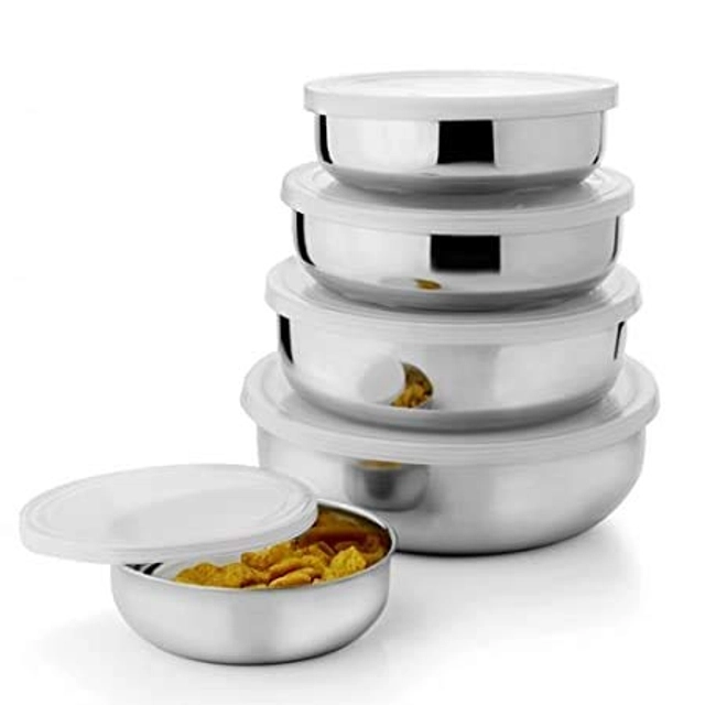 Jensons Stainless steel with white plastic lid for storing and serving food Containers (Set of 5 PC)