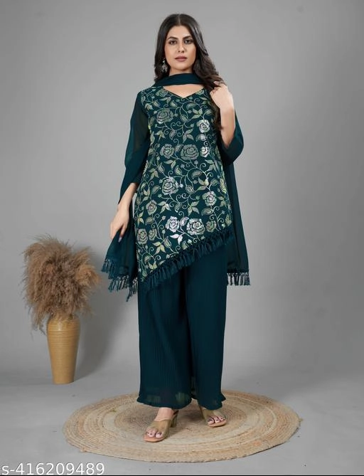 Georgette Embroidered Kurti with Sharara & Dupatta for Women (Teal, S)