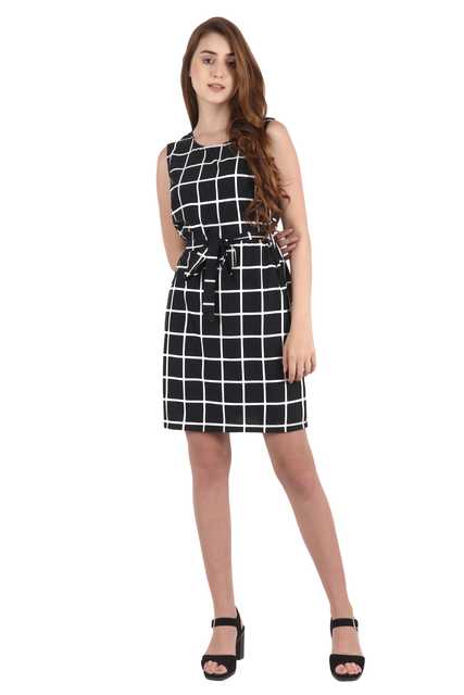 Women's Sheath Checkered Print Mini Knee Length Dress (Black, XXL) (MS_0089)
