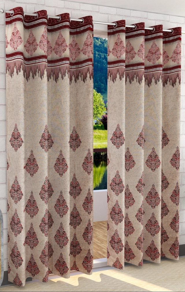 Jacquard Printed Window & Door Curtains (Maroon, 5 feet) (Pack of 2)