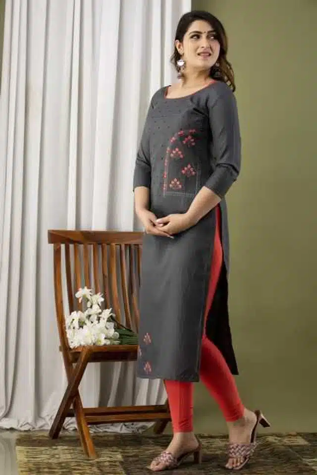 Women Cotton Blend Embroidered Kurta (Grey, S) (SD-664)