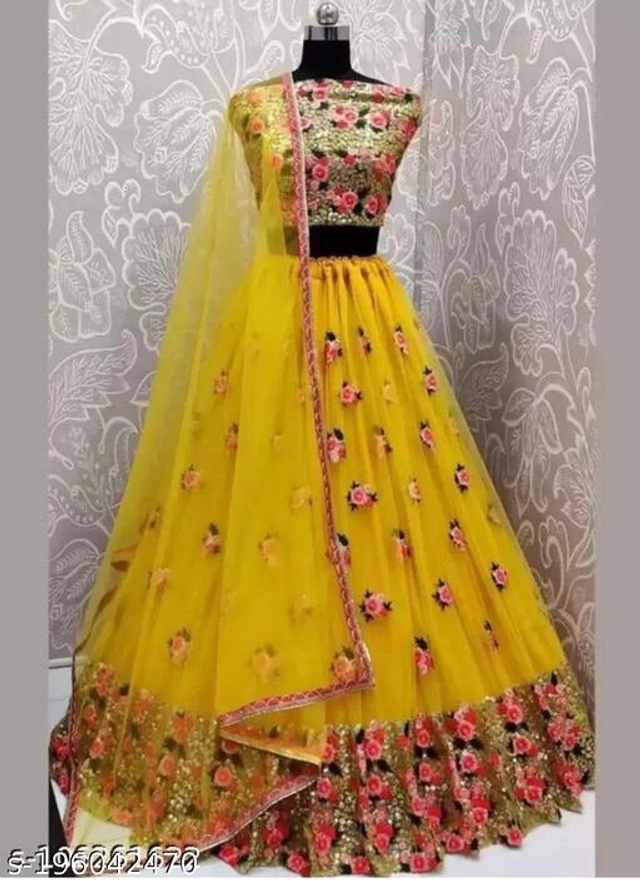 Net Lehenga with Choli & Dupatta for Women (Yellow, Free Size)