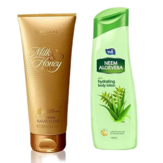 Yhi Neem Aloevera Body Lotion (100 ml) with Oriflame Milk Honey Face Scrub (200 ml) (Set of 2)