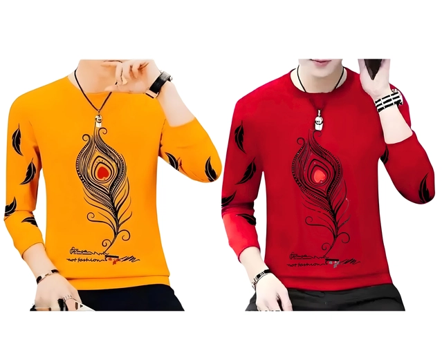 Round Neck Printed T-Shirts for Men (Red & Mustard, S) (Pack of 2)