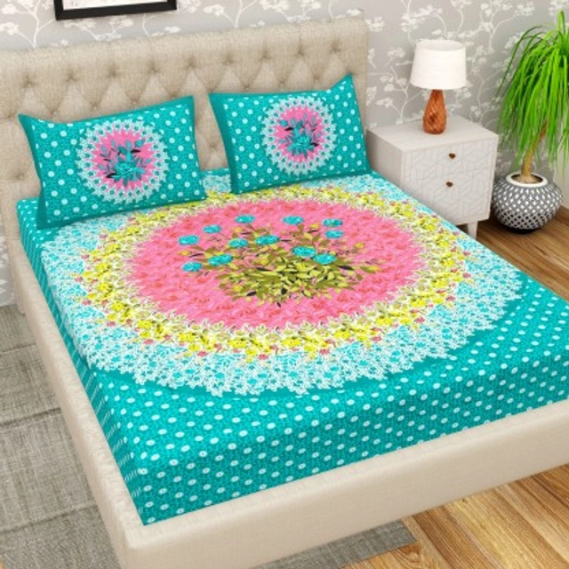 Cotton Double Jaipuri Prints Flat Bedsheet 144 TC with 2 Pillow Covers (Pack of 1, Green)