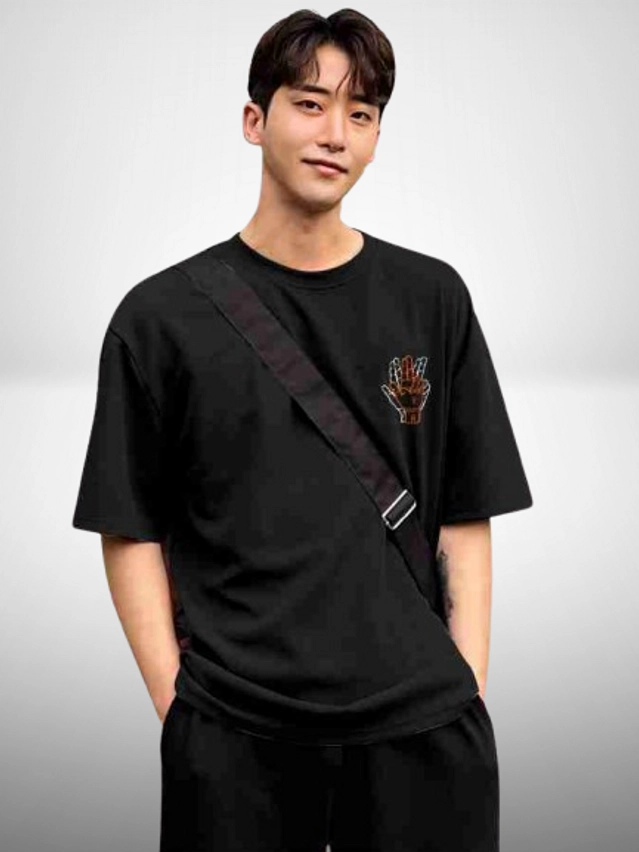 Cotton Round Neck Printed Oversized T-Shirt for Men (Black, M)