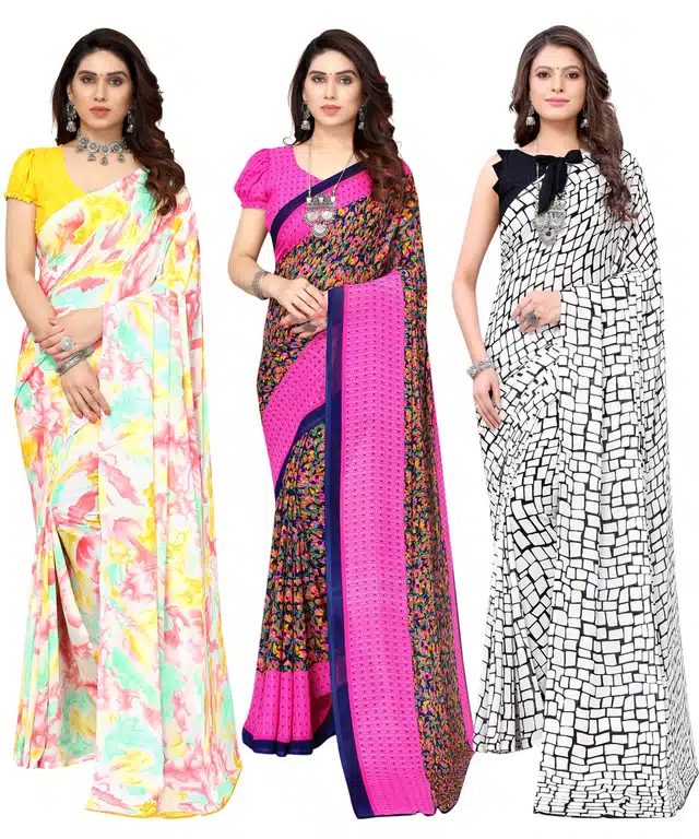 Women's Designer Floral Printed Saree with Blouse Piece (Pack of 3) (Multicolor) (SD-365)