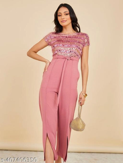 Lycra Embellished Jumpsuit for Women (Pink, XS)