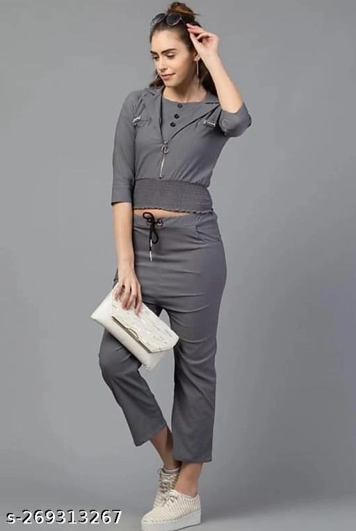 Cotton Blend Solid Top & Bottom Set for Women (Grey, L)