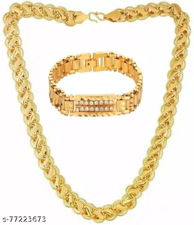 Designer Chain with Bracelet for Men & Boys (Gold, Set of 2)