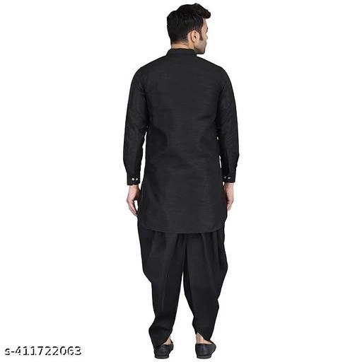 Cotton Solid Kurta with Pyjama for Men (M, Black)